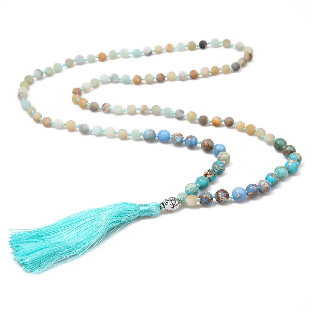 Frosted Amazonite & Emperor Stone Mala Beads with Buddha Head Charm and Tassel