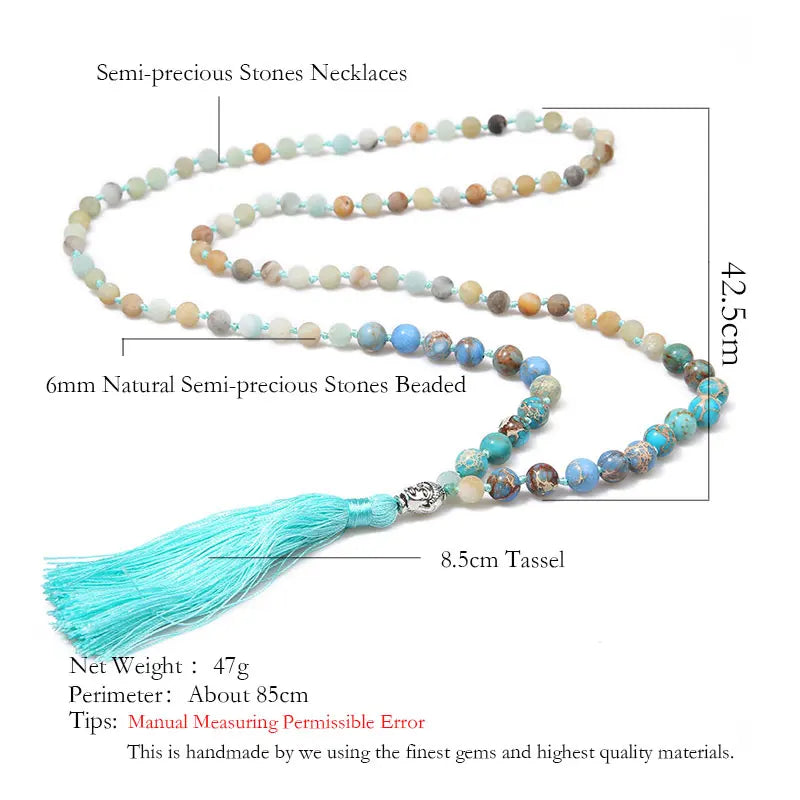 Frosted Amazonite & Emperor Stone Mala Beads with Buddha Head Charm and Tassel