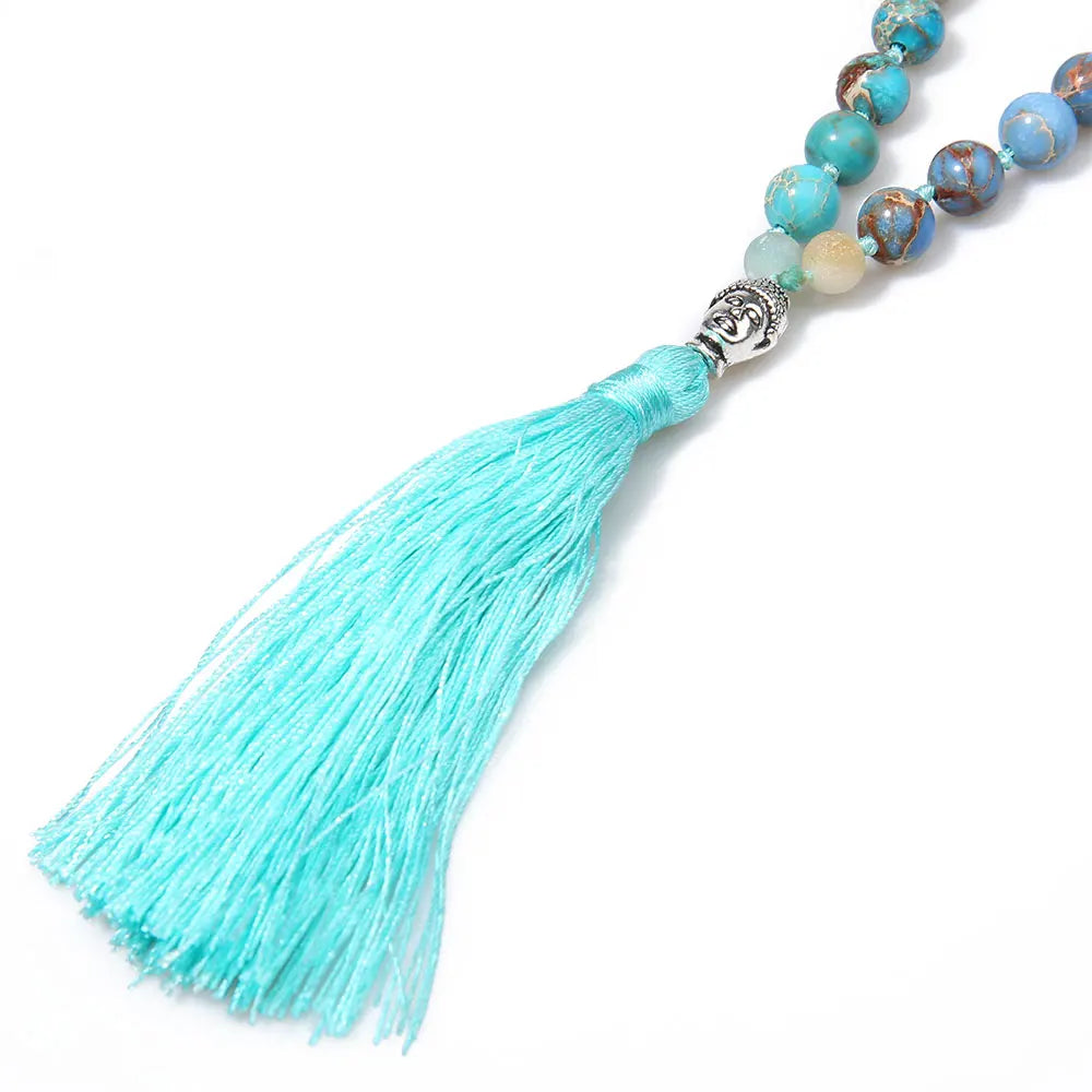 Frosted Amazonite & Emperor Stone Mala Beads with Buddha Head Charm and Tassel