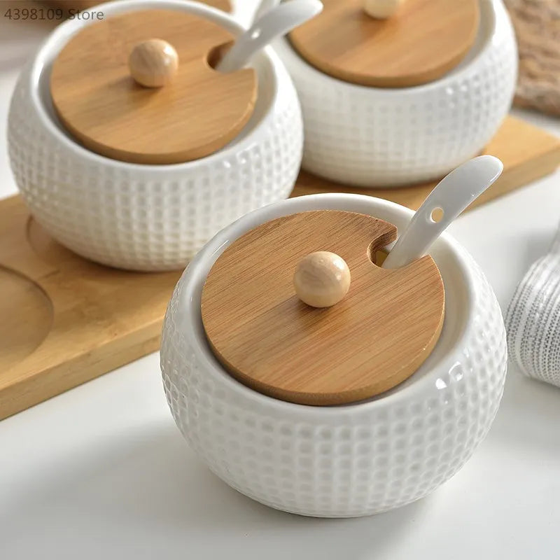 Household Kitchen Supplies Seasoning Jar Ceramic Cruet Salt Pepper Bottle Bamboo Tray Kitchen Seasoning Tool Storage Tank
