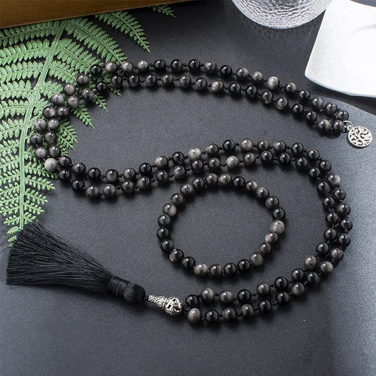 Natural Obsidian Mala Bead Necklace with Tree of Life Charm