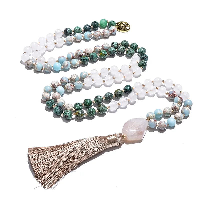 White Jade, African Turquoise & Emperor Jasper Mala Beads Japamala Necklace