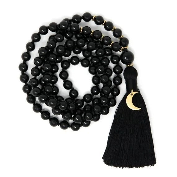 Black Tourmaline Mala Beads with Moon Energy