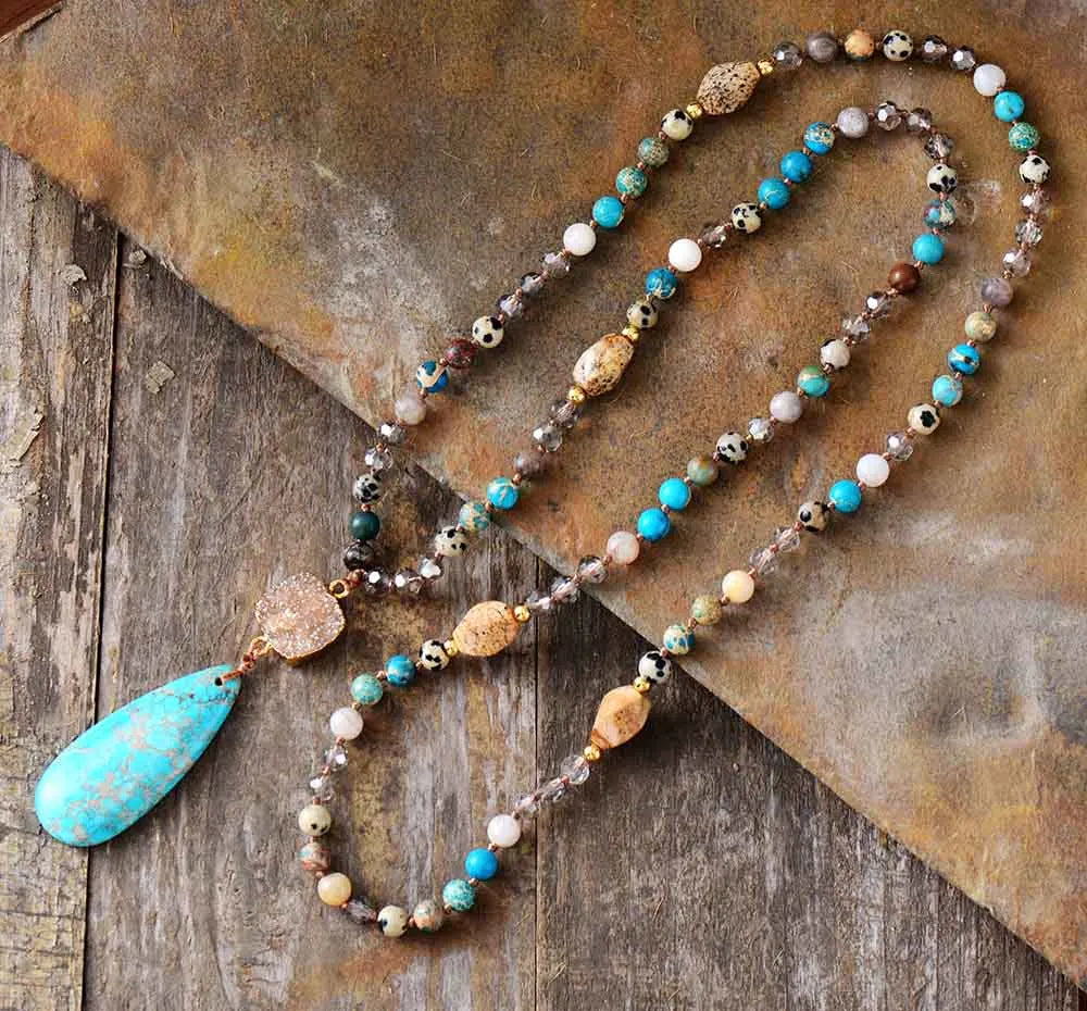 Natural Druzy Teardrop Crystal Mala Beads