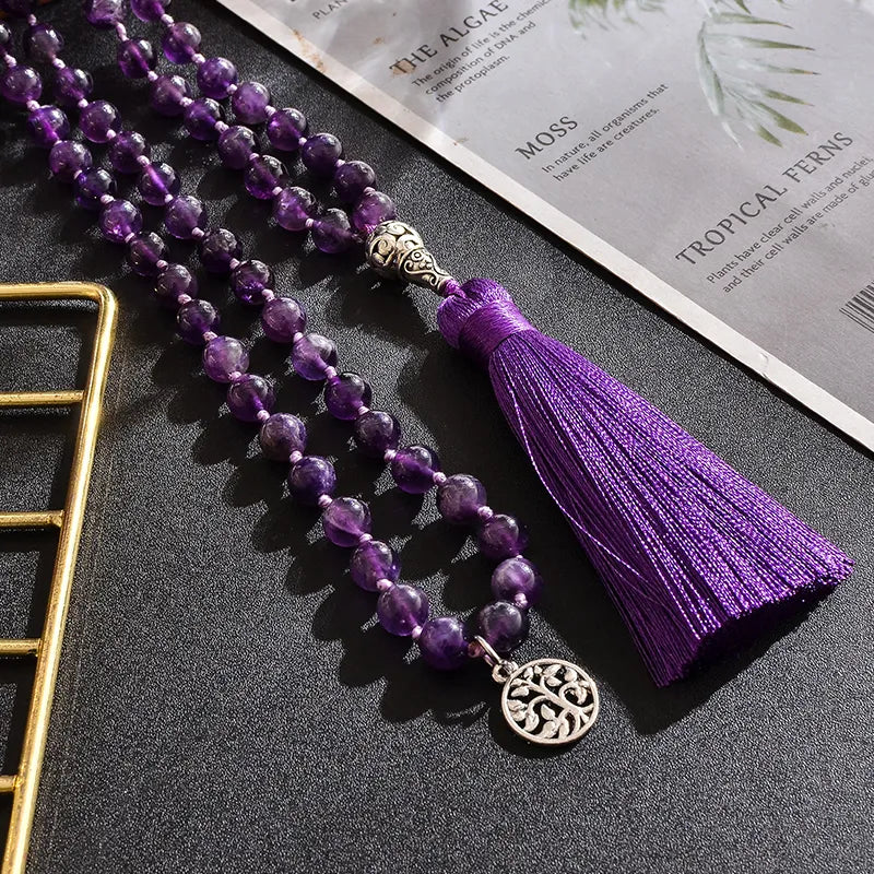 Natural Amethyst Mala Bead Necklace with Charm & Tassel