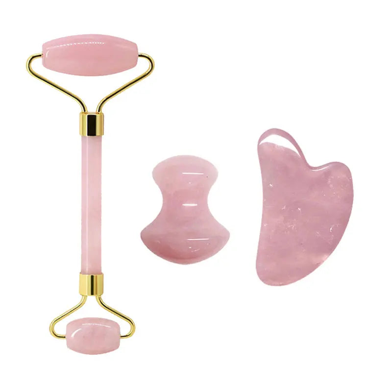 Natural Rose Quartz Gua Sha Face Jade Roller Massagers Set