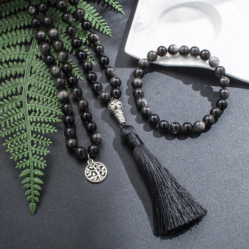 Natural Obsidian Mala Bead Necklace with Tree of Life Charm