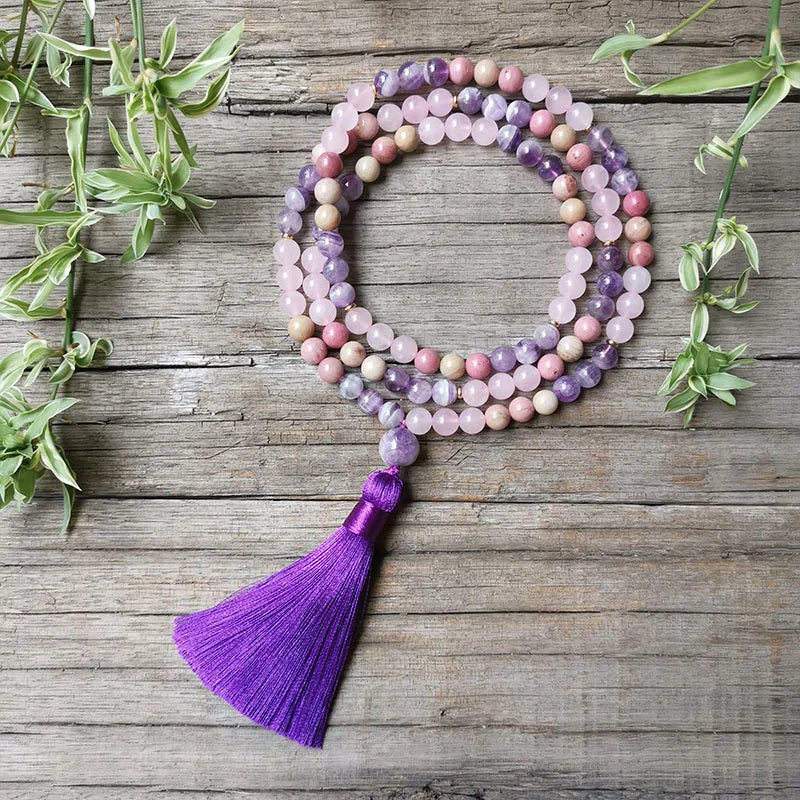 Natural Quartz Crystal & Stone Mala Beads with Manifestation Energy