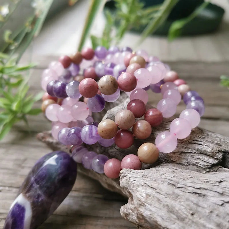 Natural Quartz Crystal & Stone Mala Beads with Manifestation Energy