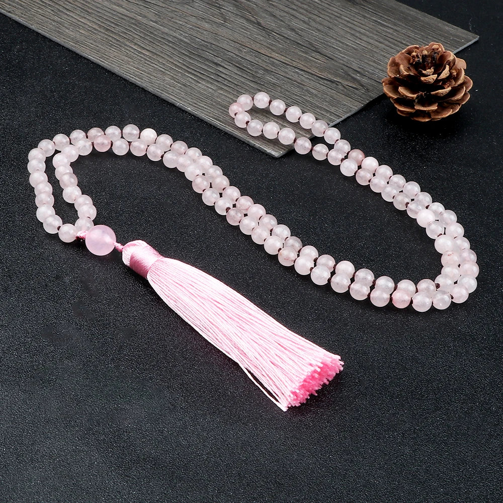 Pink Quartz Mala Beads with Tassel