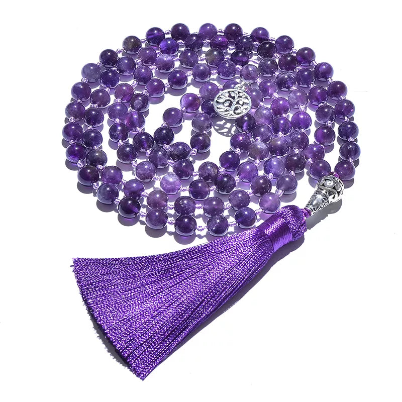 Natural Amethyst Mala Bead Necklace with Charm & Tassel