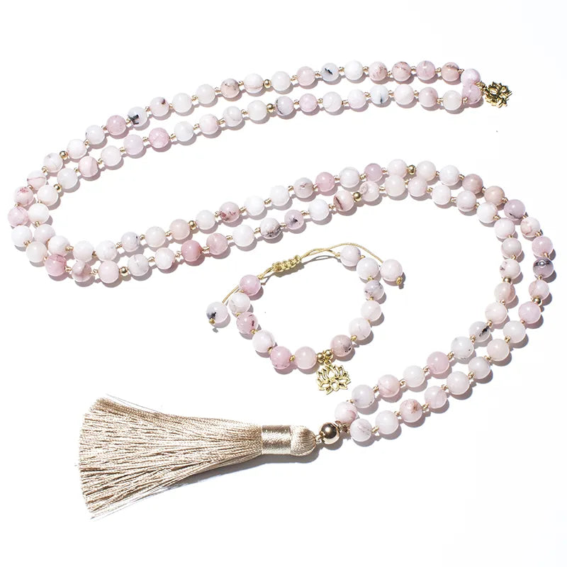 Pink Opal Mala Beads With Tassel & matching Bracelet with Charm