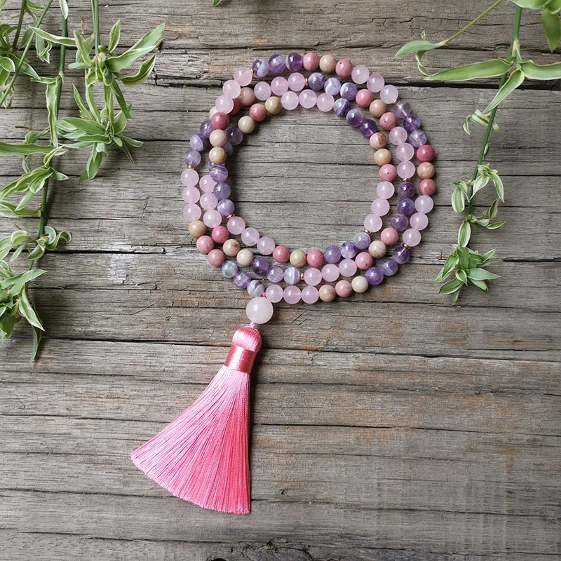 Natural Quartz Crystal & Stone Mala Beads with Manifestation Energy