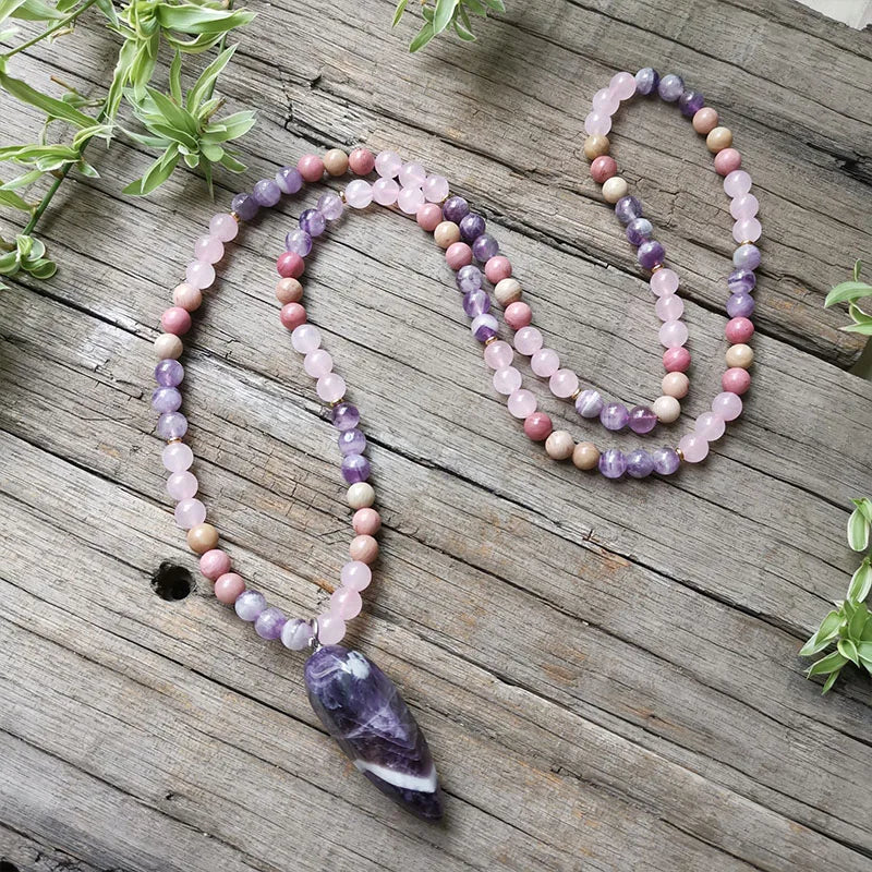 Natural Quartz Crystal & Stone Mala Beads with Manifestation Energy