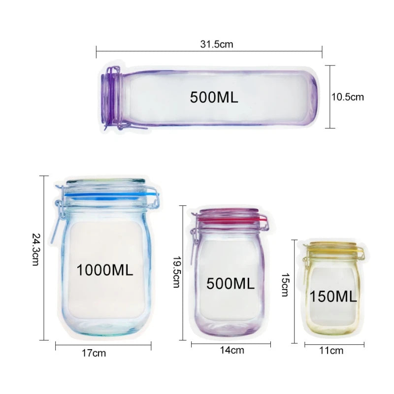 Reusable Mason Jar Bottles Food Storage Bags/Kitchen/Freezer Organiser with Ziplock