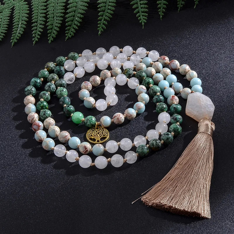 White Jade, African Turquoise & Emperor Jasper Mala Beads Japamala Necklace