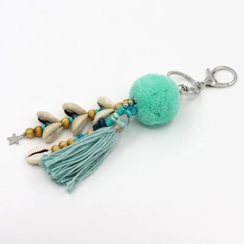 Bohemian Shell Tassel Pompom Beaded Keychain