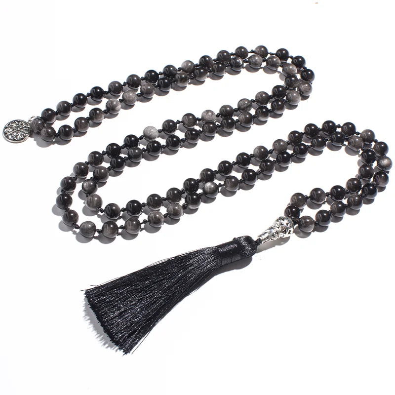 Natural Obsidian Mala Bead Necklace with Tree of Life Charm