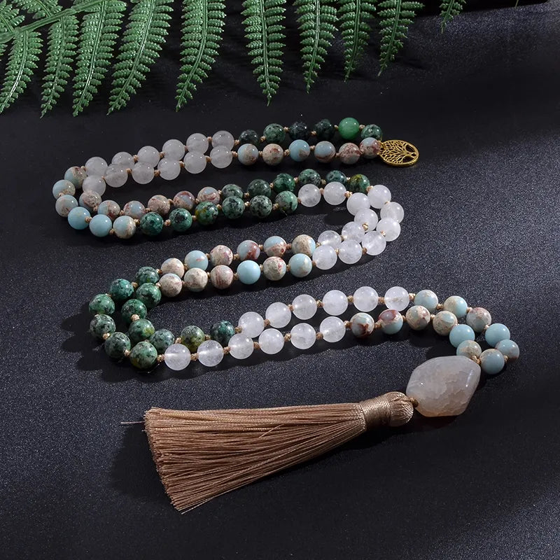 White Jade, African Turquoise & Emperor Jasper Mala Beads Japamala Necklace