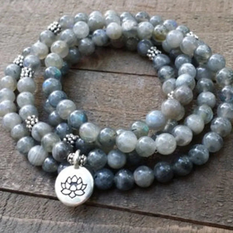 Labradorite Mala Beads with Lotus Charm