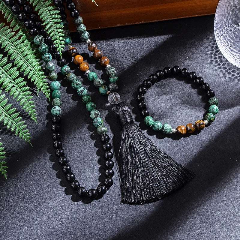 African Turquoise, Black Agate, Yellow Tiger's Eye, Mala Bead Necklace + Bracelet