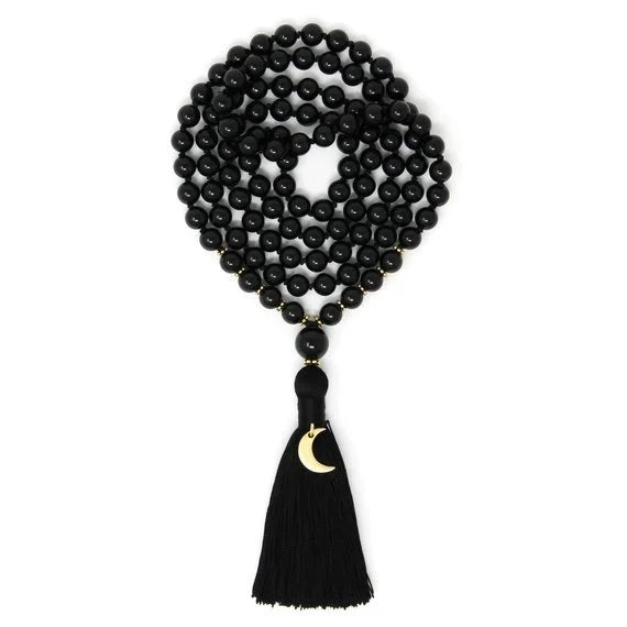 Black Tourmaline Mala Beads with Moon Energy