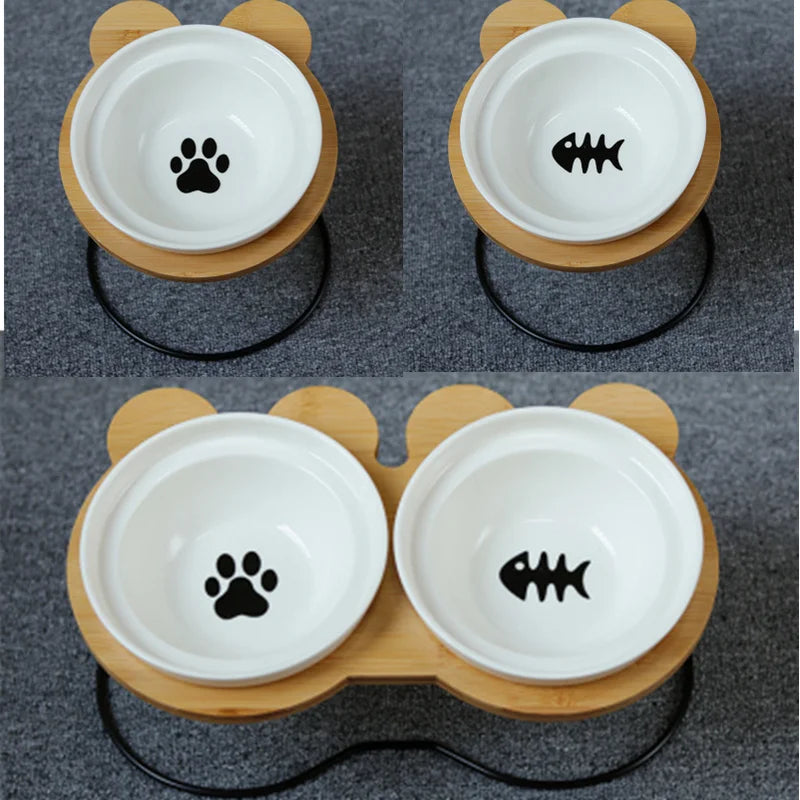 Eco Friendly Pet Bamboo Shelf with Ceramic Feeding & Drinking Bowls