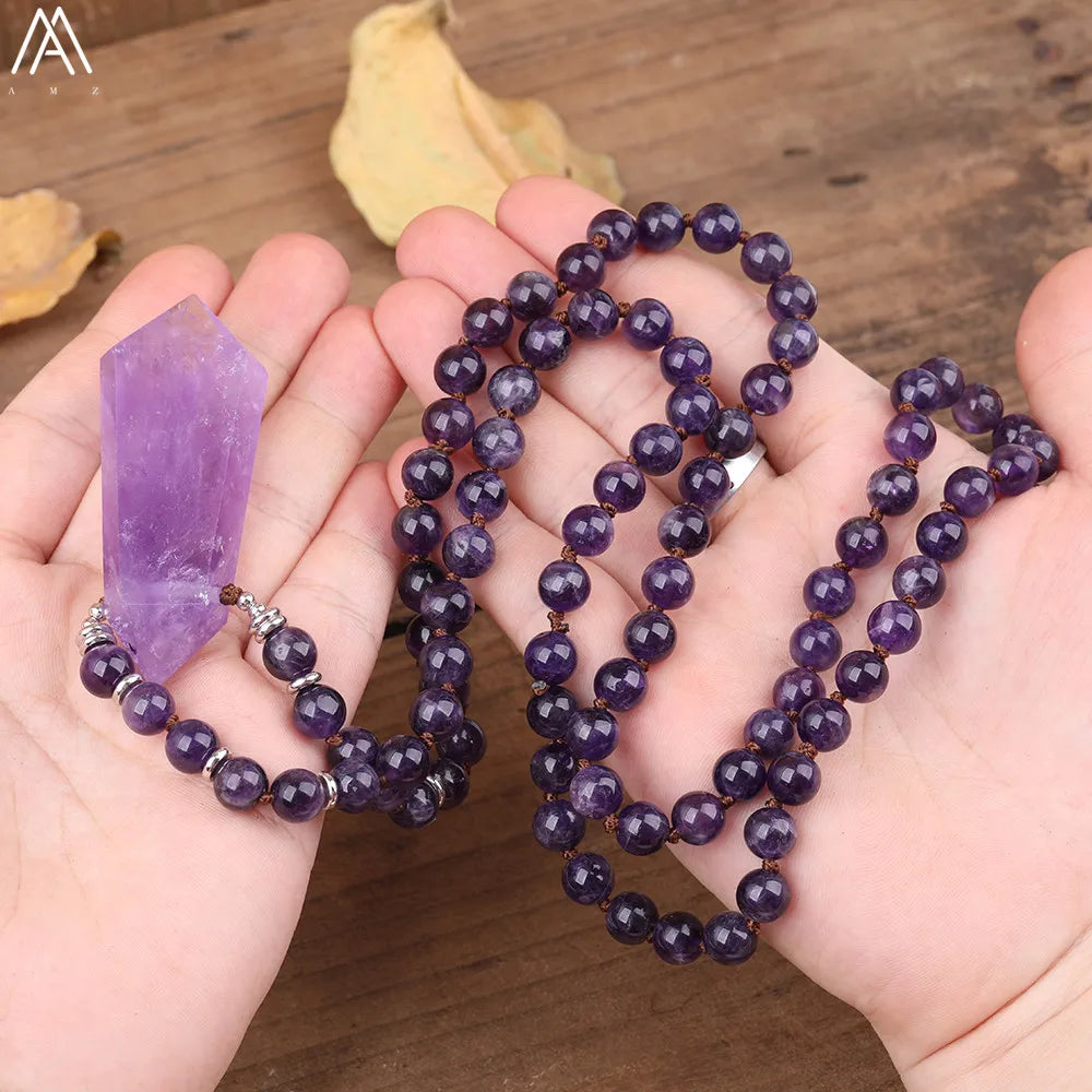 Natural Amethyst Mala Beads with Beautiful Point Pendant Feature