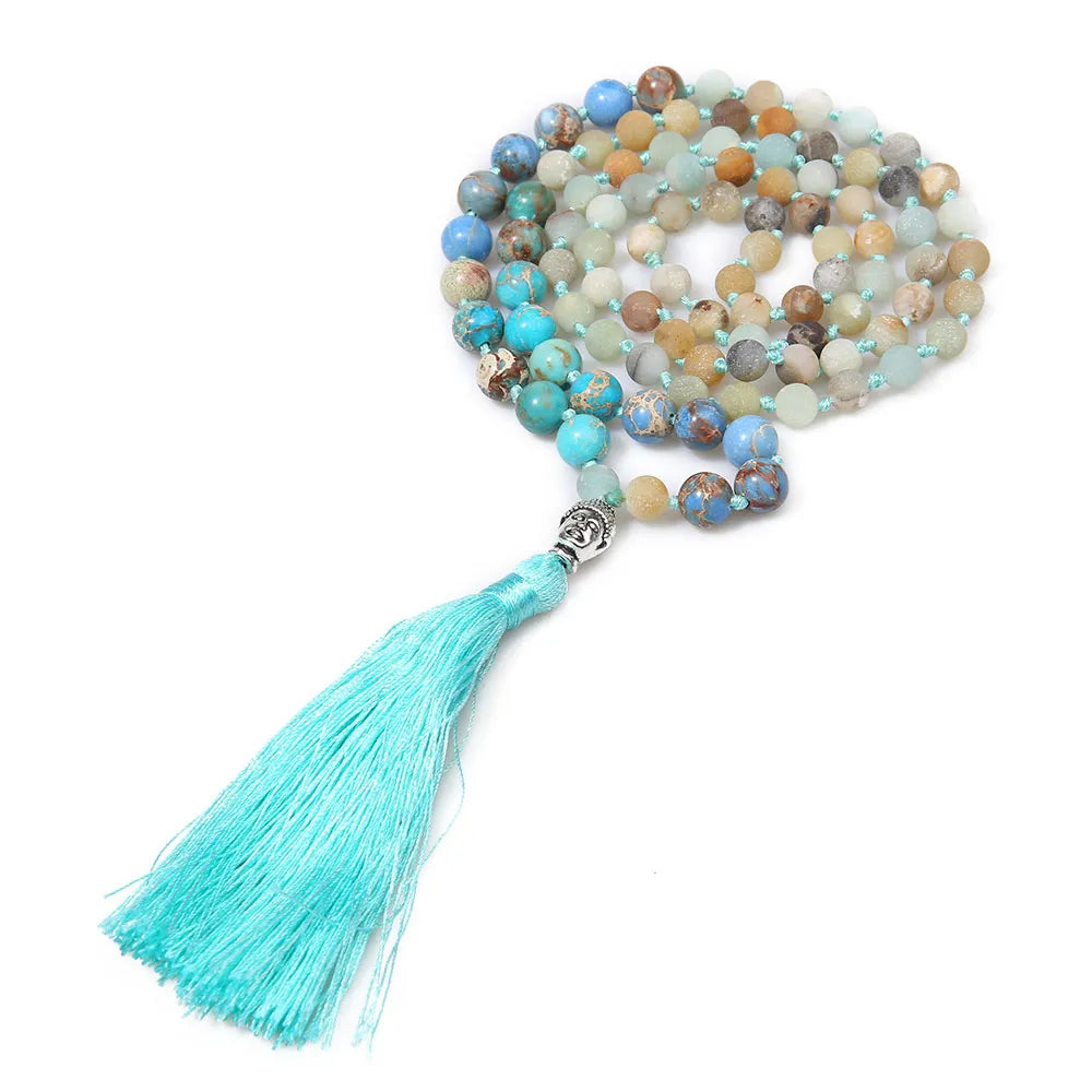 Frosted Amazonite & Emperor Stone Mala Beads  with Buddha Head Charm and Tassel