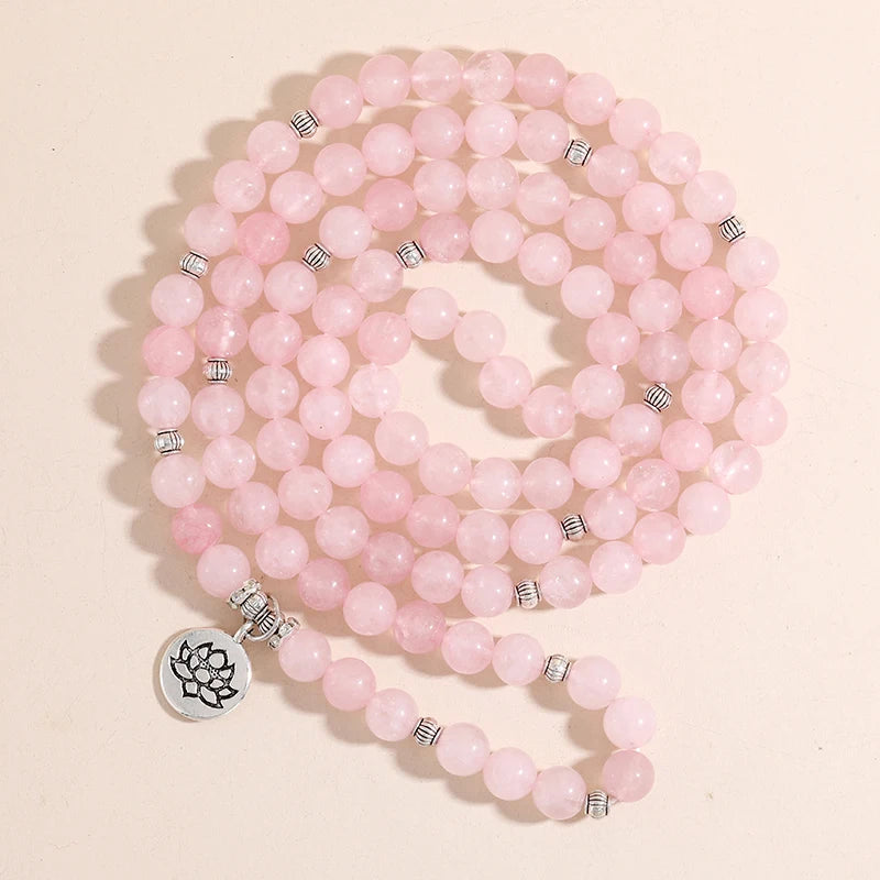 Natural Crystal & Quartz Mala Bead Necklace/Bracelet with Silver Charm