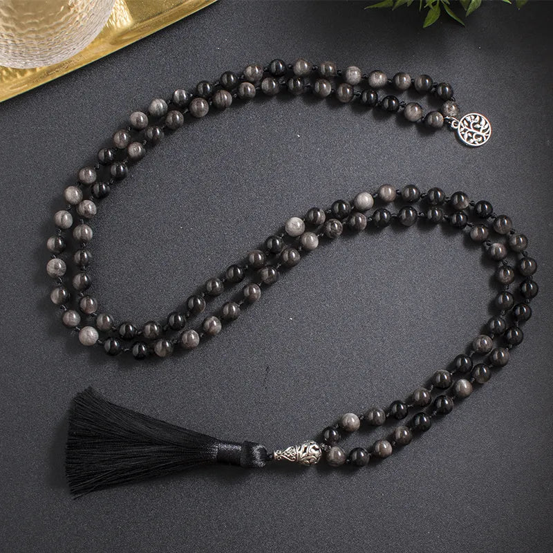 Natural Obsidian Mala Bead Necklace with Tree of Life Charm