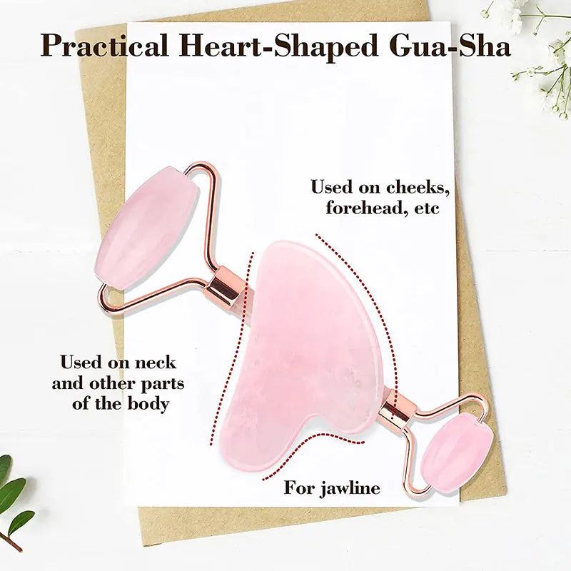 Natural Rose Quartz Gua Sha Face Jade Roller Massagers Set