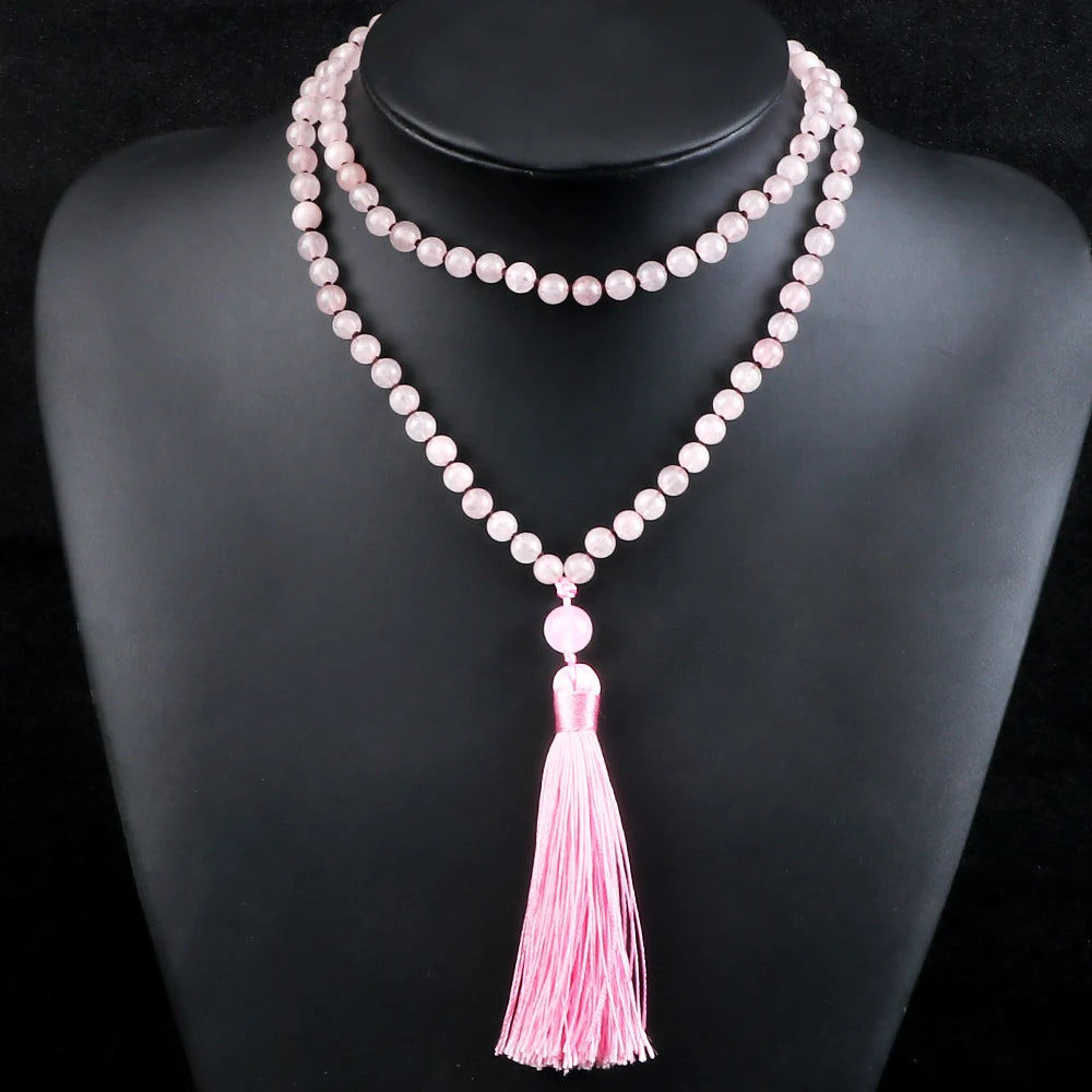 Pink Quartz Mala Beads with Tassel