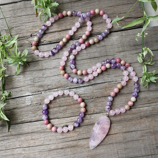 Natural Quartz Crystal & Stone Mala Beads with Manifestation Energy