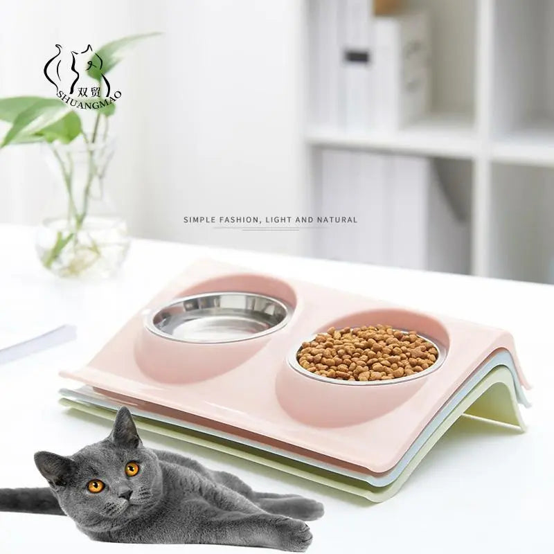 Double Pet Bowl Raised Stand for Food & Water with reusable stainless steel bowls