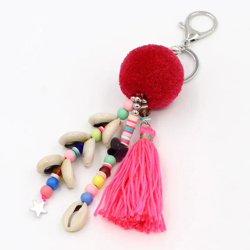 Bohemian Shell Tassel Pompom Beaded Keychain