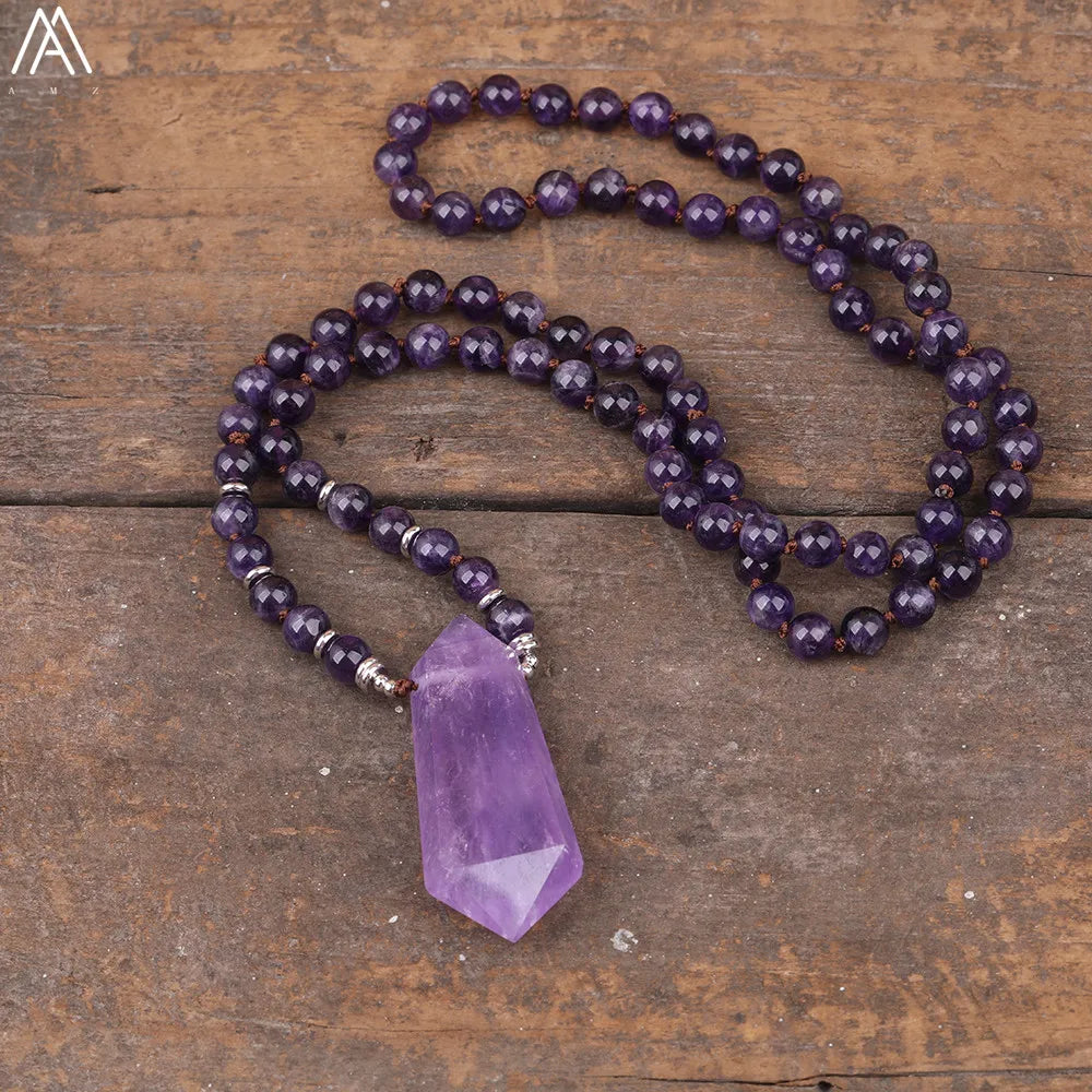 Natural Amethyst Mala Beads with Beautiful Point Pendant Feature