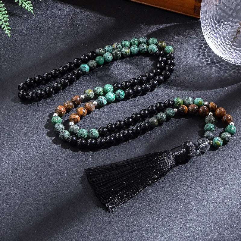 African Turquoise, Black Agate, Yellow Tiger's Eye, Mala Bead Necklace + Bracelet