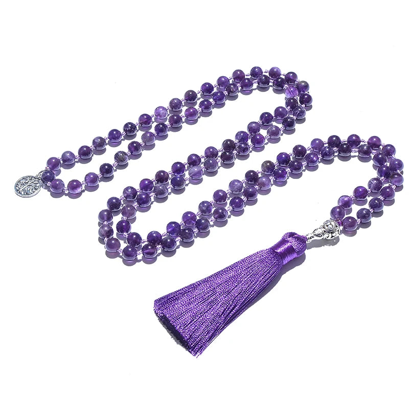 Natural Amethyst Mala Bead Necklace with Charm & Tassel