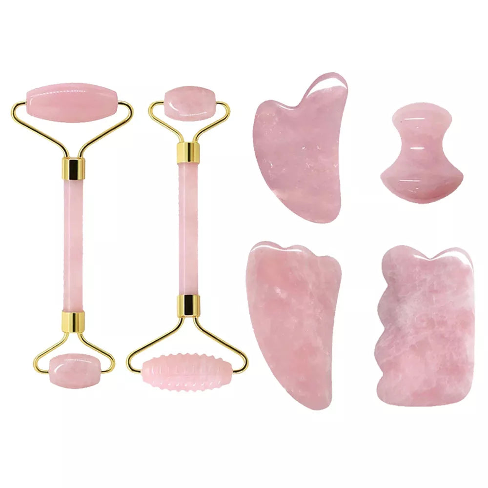 Natural Rose Quartz Gua Sha Face Jade Roller Massagers Set