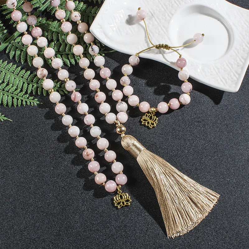 Pink Opal Mala Beads With Tassel & matching Bracelet with Charm