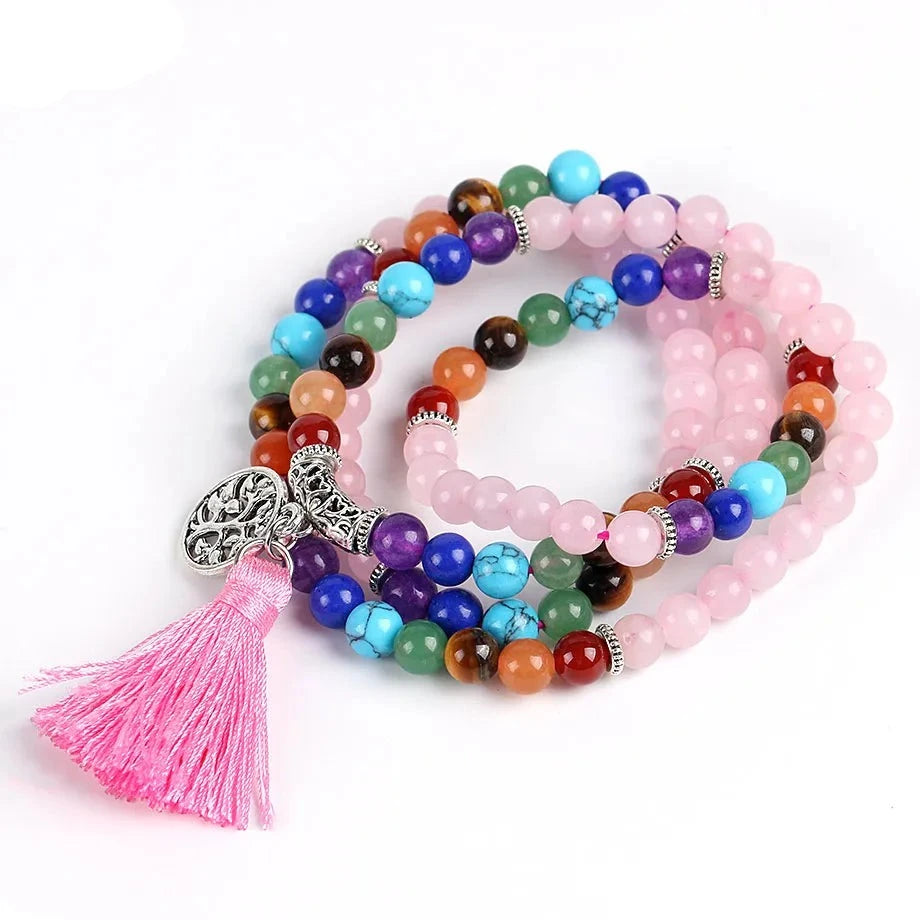 Natural Pink Quartz Chakra Mala Beads with Tassel and Charm