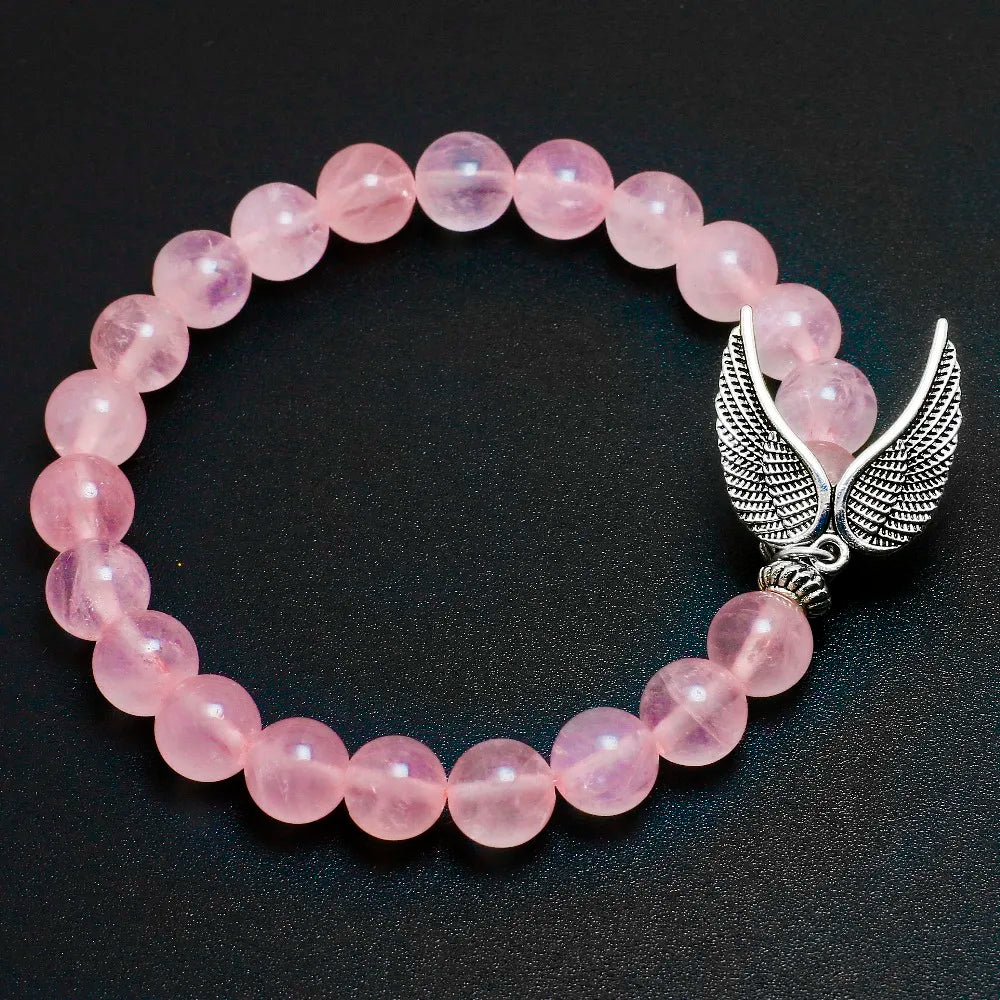 Natural Pink Quartz Bracelet with Angel Wings Charm