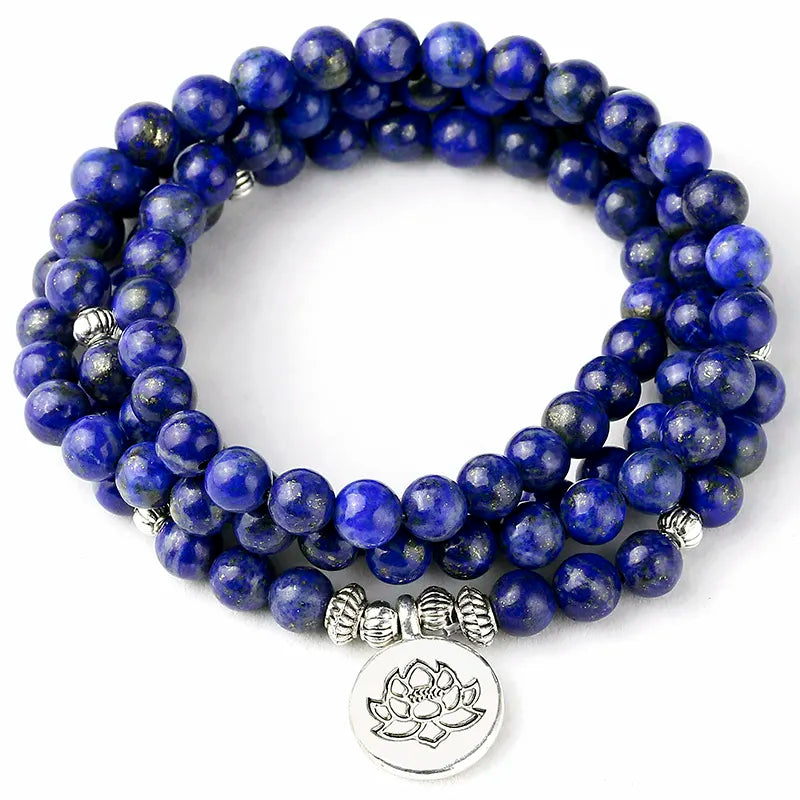 Natural Lapis Lazuli Mala Beads with Tibetan Healing Charms