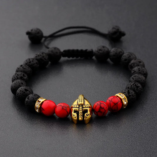 Natural Lava Stone Roman Knight Spartan Warrior Gladiator Helmet Bracelet Stone Bead