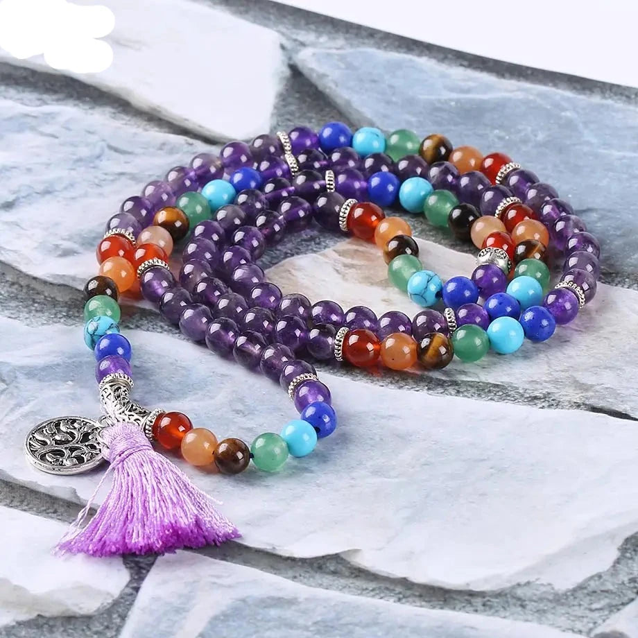 Natural Purple Quartz 7 Chakra Mala Beads with Tassel & Charm