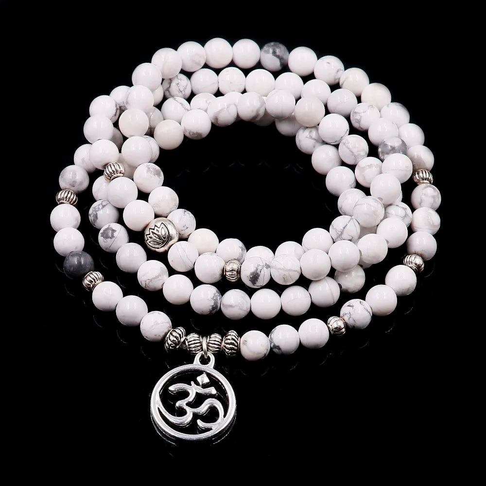 White Howlite Mala Beads with Lotus Charm