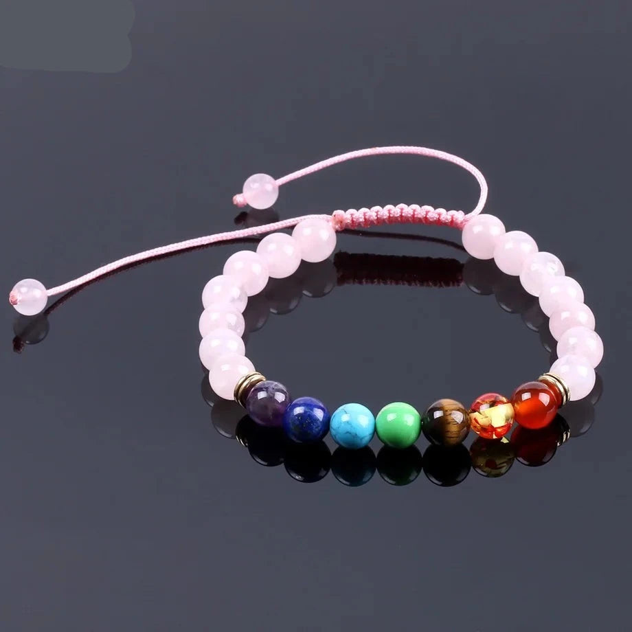 Natural Pink Quartz Crystal 7 Chakra Energy Bracelet