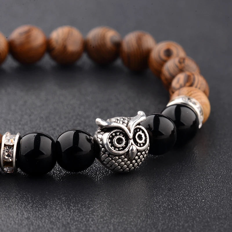 Wooden Bead Bracelets with Owl Charm