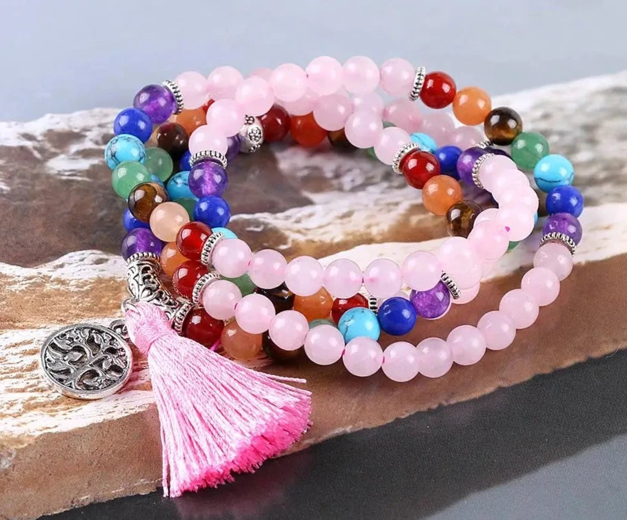 Natural Pink Quartz Chakra Mala Beads with Tassel and Charm